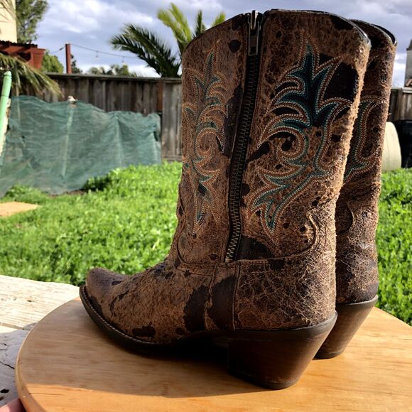 ARIAT Boot Womens Sz 6 Turquoise Corral Cow Print Western Cowgirl Leather Snip - Picture 2 of 16